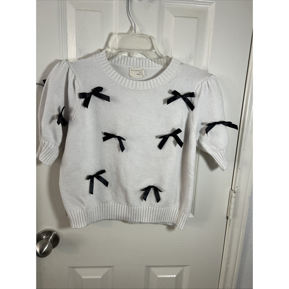 Dreamers by Debut Women's M/L White Cropped Sweater Bows Short Sleeve